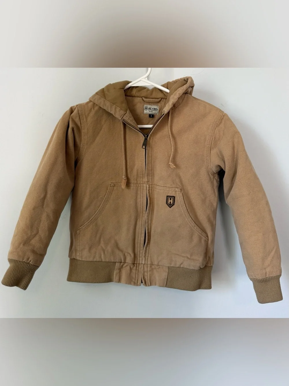 HEYBO Youth canvas Jacket Size Small 5/6 Hooded Tan